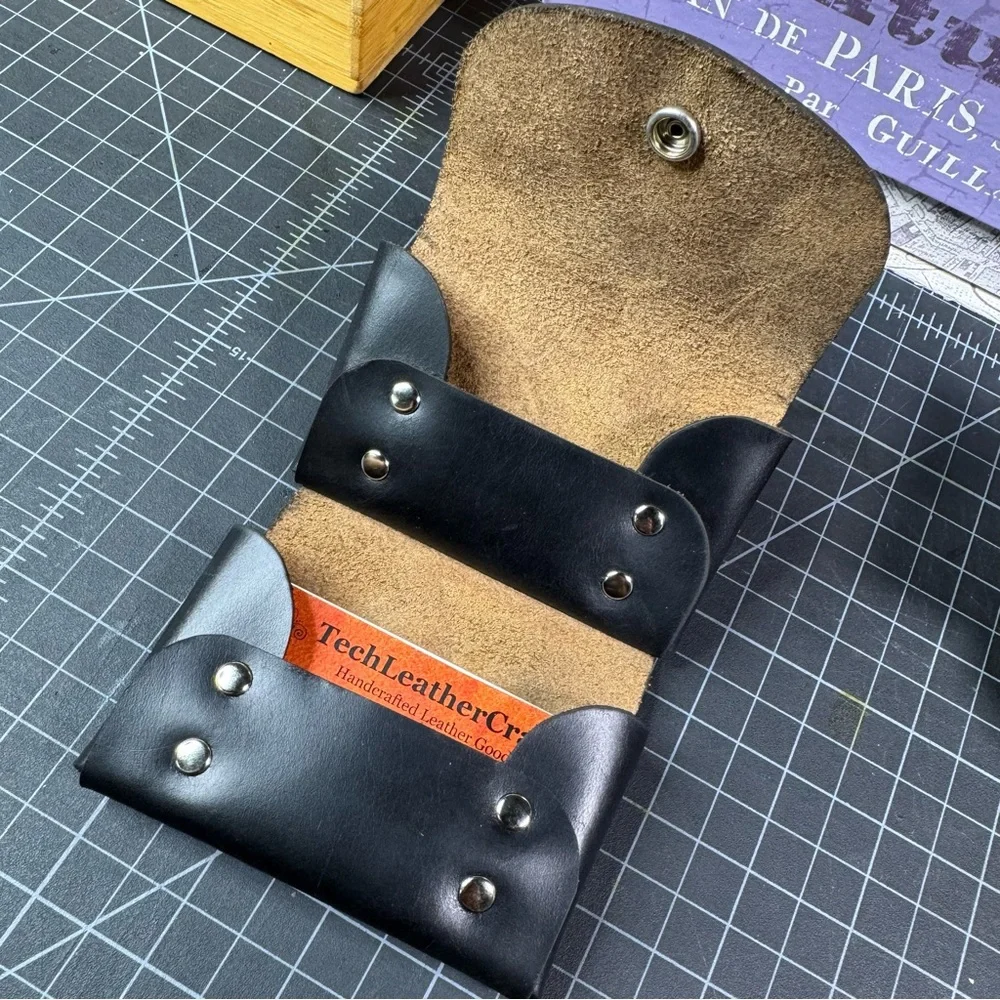 Men’s Black double stacked card wallet business card holder -brown interior
